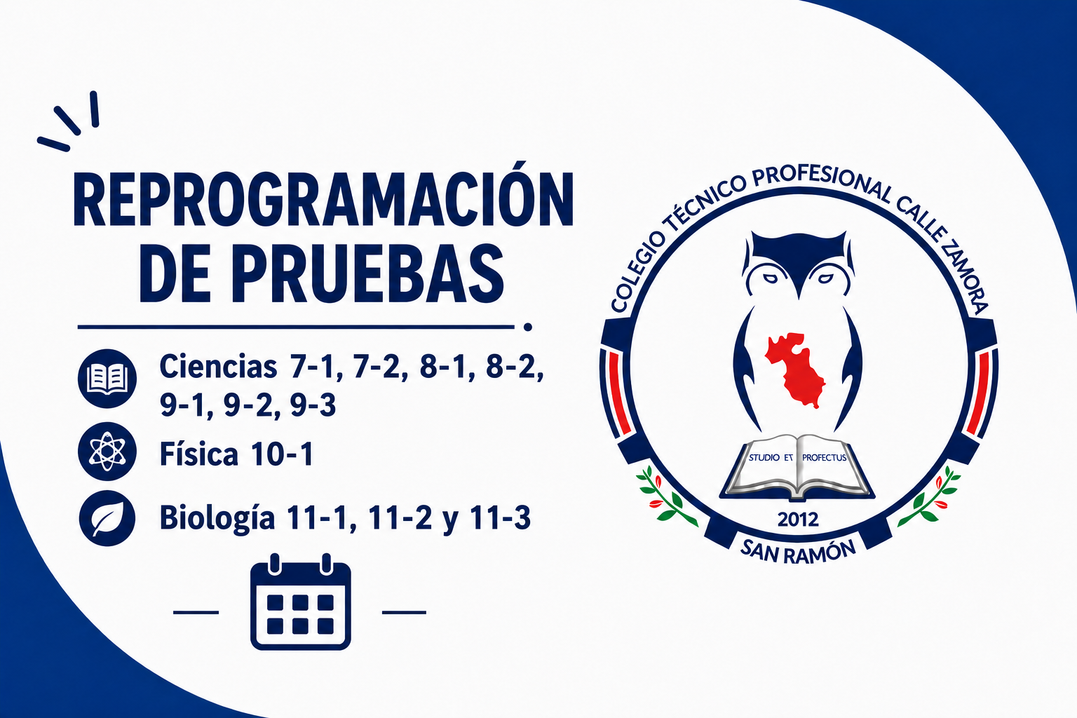 Reprogramación de pruebas Ciencias 7-1,7-2, 8-1,8-2 , 9-1,9-2,9-3 , Física 10-1, Biología 11-1, 11-2 y 11-3.